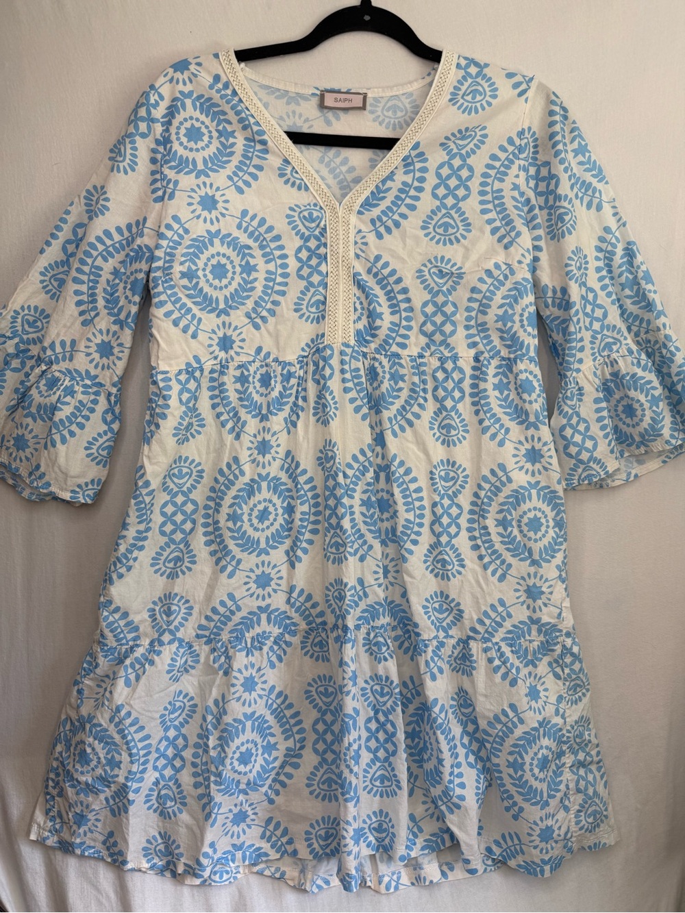 SAIPH Santorini Cotton Mini Dress Size Medium Bell Sleeves V Neck Blue White